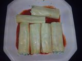 Canelones de espinacas, gambas y pescado