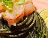 A picture of step 3 of Squid Ink Spaghetti with Shrimp Tartare and Lime.