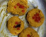 A picture of step 11 of Kaju ki burfi (cherries 🍒 and rose flavour) and laddoo (pan flavour).