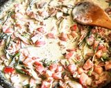 A picture of step 5 of Creamy Rigatoni with Basil Pesto & Prosciutto.
