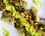 A picture of step 13 of Zucchini Ribbon "Pasta" with Artichokes and Avocado Dressing.