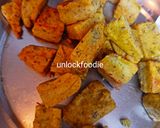 A picture of step 1 of Fried Plain Dhokla (without sugar) with veggies and Sauce.