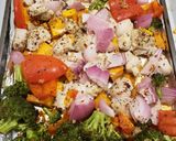 A picture of step 2 of 1 pan chicken with sweet potatoes & veggies.