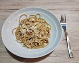 A picture of step 5 of Spaghetti Carbonara.