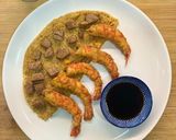 Foto del paso 9 de la receta: Gamba roja con harina de garbanzo y cous cous de mango con dados de solomillo de ternera lechal