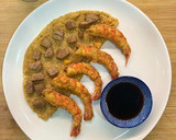 Foto del paso 9 de la receta: Gamba roja con harina de garbanzo y cous cous de mango con dados de solomillo de ternera lechal