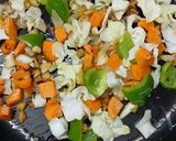 A picture of step 3 of Foxtail Millet Khichdi with Moong Sprouts/Soya Chunks and mixed vegetables.