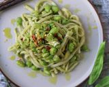 A picture of step 2 of Wild garlic pesto with udon and edamame 🍜💚.