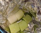 A picture of step 1 of Leek baked in aluminium foil.