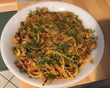 Une image de l'étape 17 de Spaghettis tricolores à la pancetta, poivrons, tomates, champignons et gruyère.