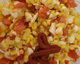 A picture of step 6 of Garlic, Corn, Tomato. Mozzarella topping & Grated Cheese. Salsa.