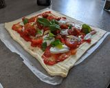A picture of step 4 of Tricolore easy puff pastry pizzas with chorizo.