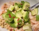 A picture of step 3 of Chickpea, avocado & prawn salad with lime, chilli and coriander.