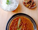 A picture of step 13 of Masoor Dal with roti & chawal.