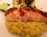 A picture of step 6 of Cajun Salmon and Sweetcorn Puree with Broccoli and Fried Onions.