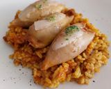 Foto del paso 18 de la receta: Arroz con calamares rellenos de gambas y boloñesa con velo de panceta ibérica
