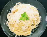 A picture of step 7 of Mashroom alfredo pasta.