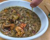 A picture of step 5 of Persian-inspired herby soup (ghorme sabzi).