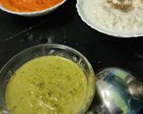 A picture of step 14 of Masala Dosa, sambar, coconut, dhania chutney.
