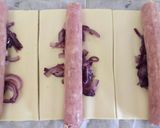 A picture of step 2 of Fluffy's sausage rolls with caramelised red onion.