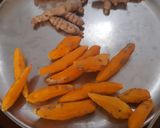 A picture of step 1 of Haldi ka Aachar (fresh turmeric pickle).