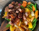 A picture of step 6 of Crispy Pork belly with chilli jam and mixed vegetable 🌶 🐽.