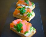 A picture of step 3 of Bruschetta with Smoked Salmon, Ricotta, and Mint Pesto.