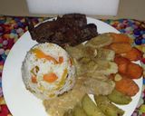 Foto del paso 9 de la receta: Carne asada con arroz a la jardinera al vapor, crema de garbanzo y vegetales alcalinos
