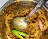 A picture of step 5 of Achari paneer tikka with achari onion rings.
