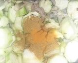 A picture of step 2 of Black paper turee Sabzi salan with chatni achar salad & lassi.