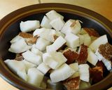 A picture of step 2 of Taro in buttermilk curry (kadi, Morkuzhambu in tamil).