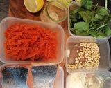 A picture of step 1 of Pan roasted salmon/lentil pasta, green pesto and roasted fennel.
