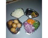 A picture of step 1 of White rice with egg and awara (tofu)sauce.