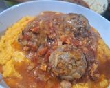 A picture of step 8 of Meatballs with Dehydrated Vegetables and Tomato Sauce.