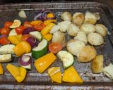 A picture of step 8 of Mixed veg with potatoes, spinach and caramelised onion hummus.