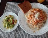 Foto del paso 10 de la receta: Espaguetis con pollo y ensalada con croutones