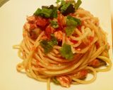 A picture of step 4 of Spaghetti al salmone e melanzane.