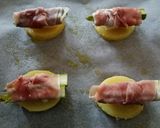 A picture of step 3 of Asparagus, prosciutto and provolone potato stack.