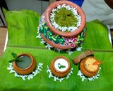 A picture of step 6 of Spinach Khichdi with 3 tangy chutney.