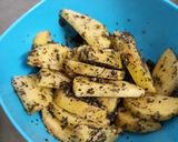 A picture of step 2 of Daliya couscous with curry leaf pesto crusted potatoes.