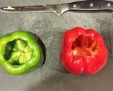 A picture of step 1 of Brad's roasted red pepper stuffed with chicken apple sausage.