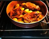 A picture of step 8 of Pork Chops with Honey, Soy Sauce, Mustard, and Lemon Baby Potatoes in a Dutch Oven.