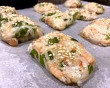 A picture of step 3 of Ebi Nira Harumaki - prawn and garlic chive rice paper packets.