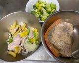 A picture of step 5 of 3 dishes cooked in 1 pot.