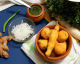 A picture of step 10 of Ram ladoo with mint coriander chutney.