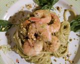 A picture of step 4 of Spaghetti with Zucchini, Basil, Pistachio Pesto, and Shrimp.