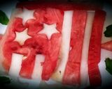 A picture of step 1 of Red yellow melon dessert in the shape of a flag.