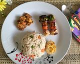 A picture of step 6 of Veg Pulao with Kadai Paneer masala, boiled egg fry and grilled veggies with Paneer.