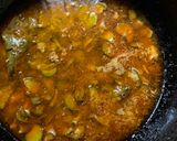 A picture of step 4 of Begun’r Ghonto / Eggplant Ghonto for lunch in Thakurbari style.