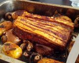 A picture of step 19 of Roast pork belly with herb infused roast new potatoes and spring greens.